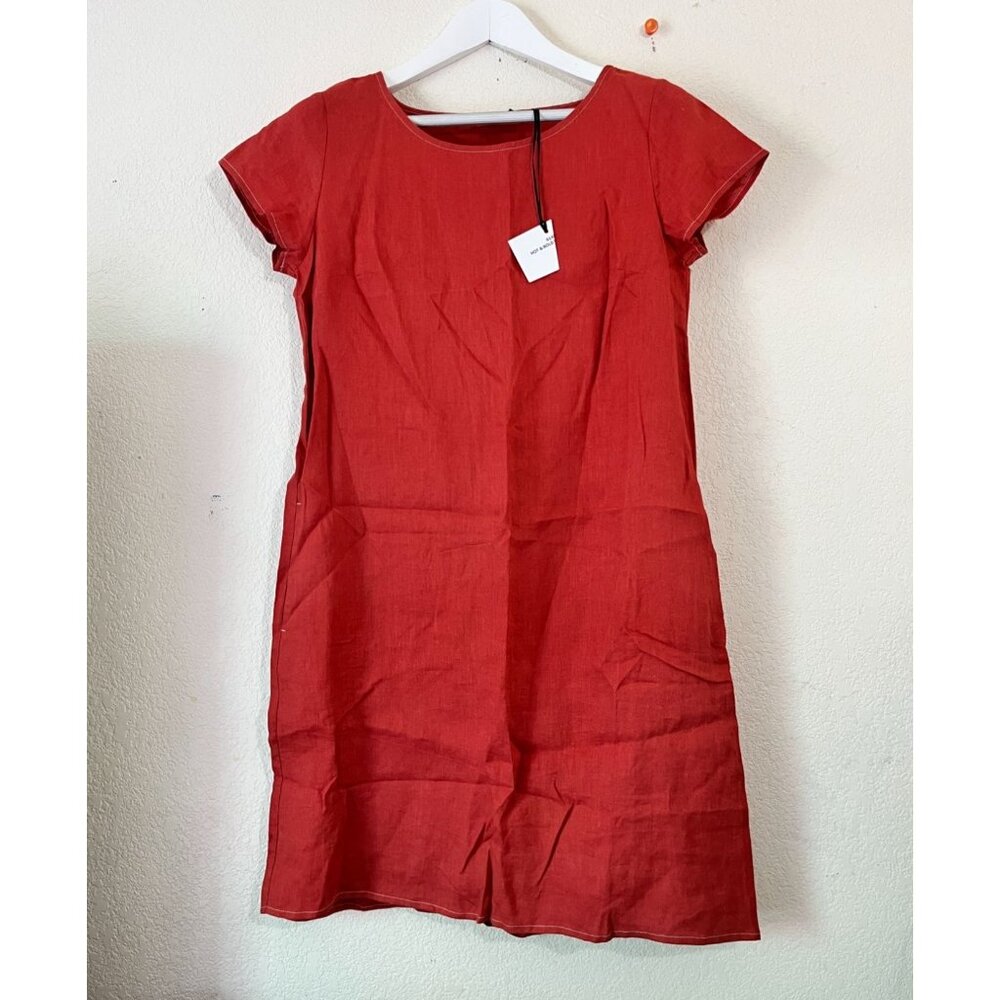 Foil Women's Red Linen Short Sleeve Shift Dress Size 6 Casual Pockets Pullover